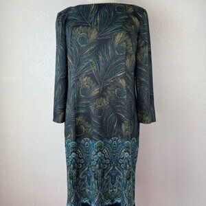 London Style Collection Peacock Feather Print Midi Dress Size 14 EUC